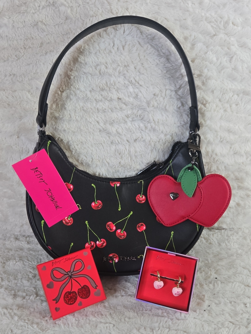 Betsey Johnson Black Cherry Print Shoulder Bag with Heart Charm and Earrings NWT